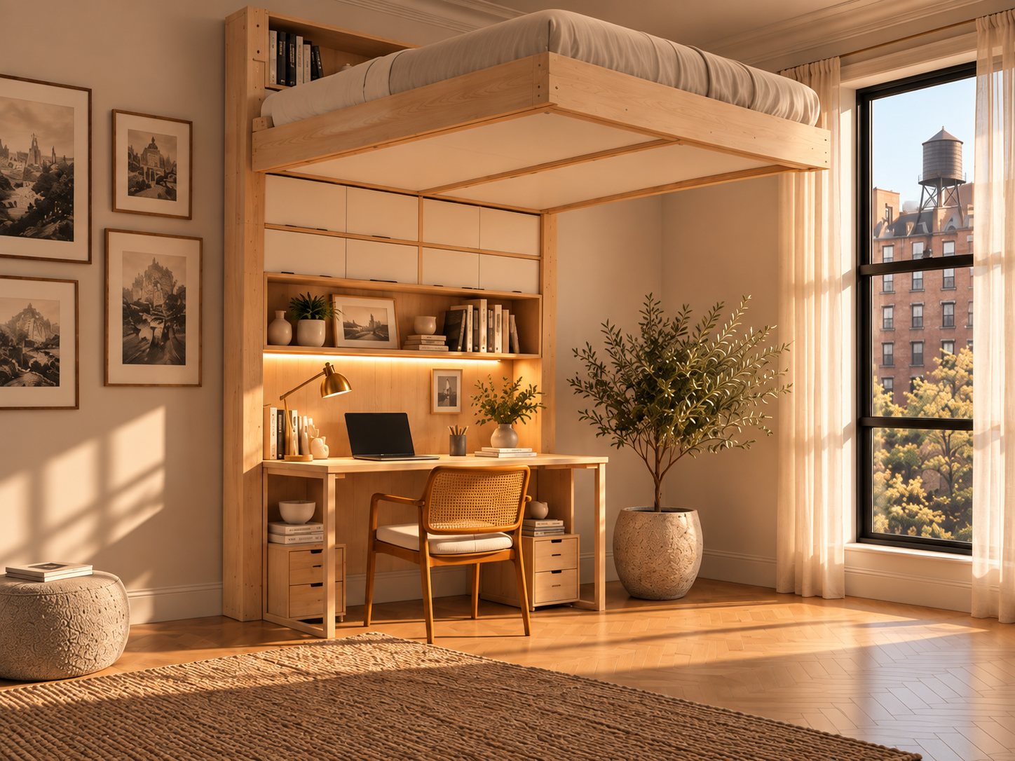 Nuvola ceiling bed raised above a home office in a small New York apartment