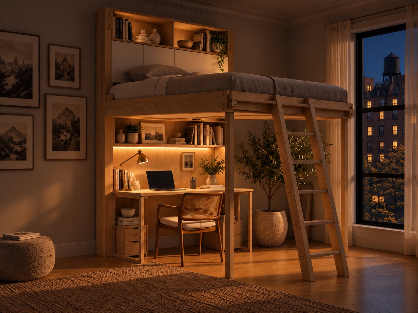 The same New York studio at night, Nuvola lowered above the desk