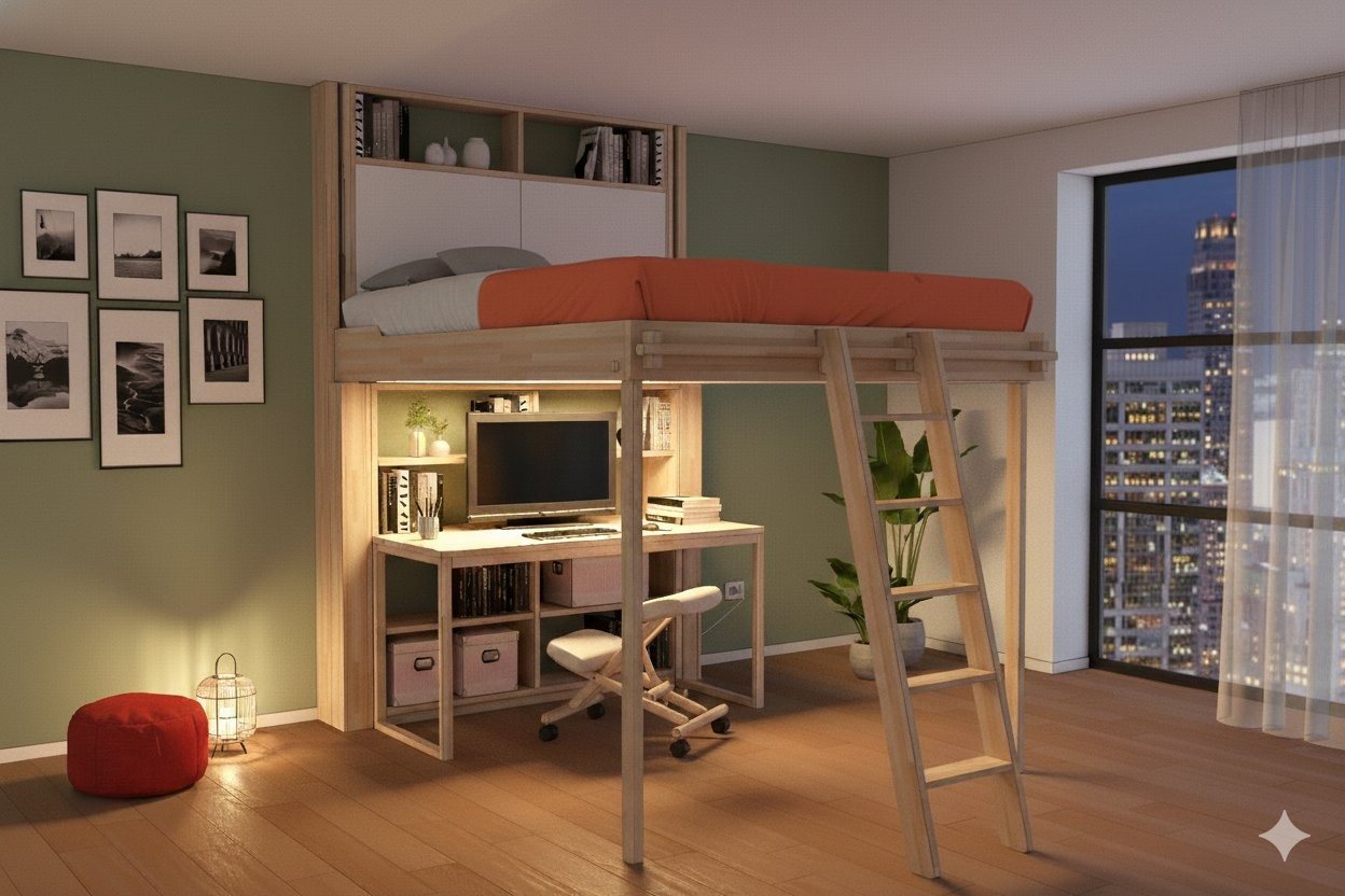 The same room in the evening with Nuvola lowered to sleeping height above the desk