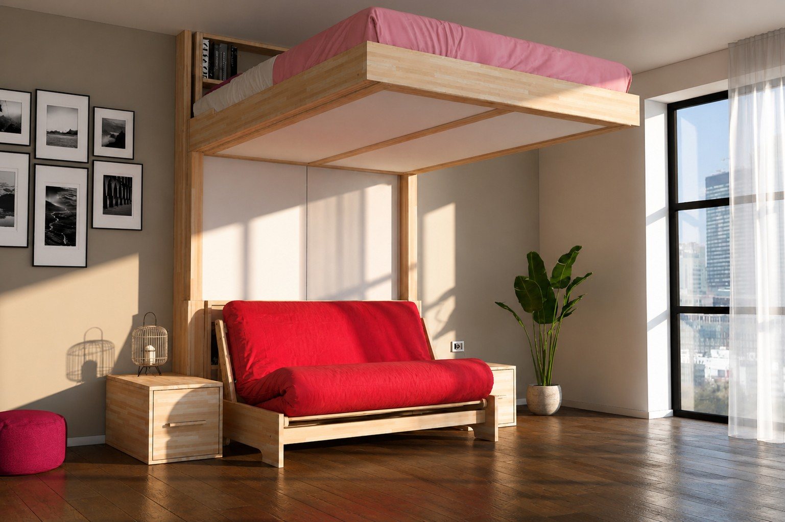 Nuvola raised close to the ceiling above a sofa and two side tables in a bright apartment