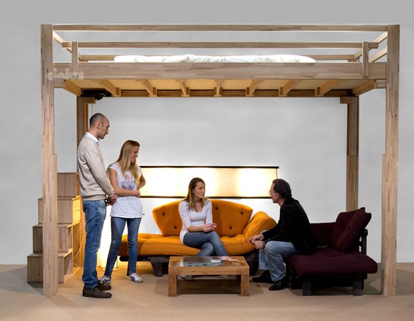 Rising in a showroom, raised, a sitting area underneath