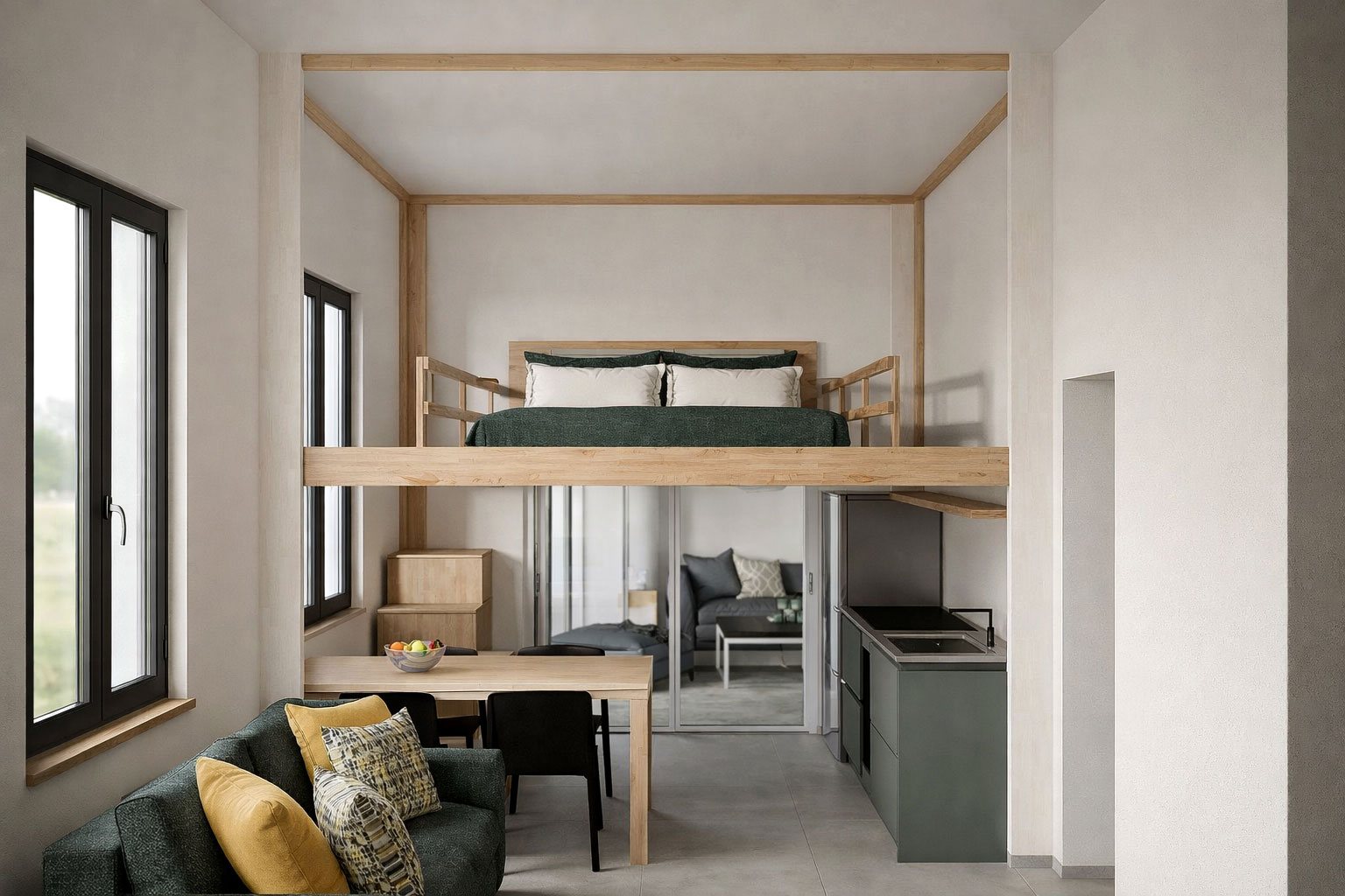 Rising lowered in a compact apartment, the platform at comfortable bed-making height
