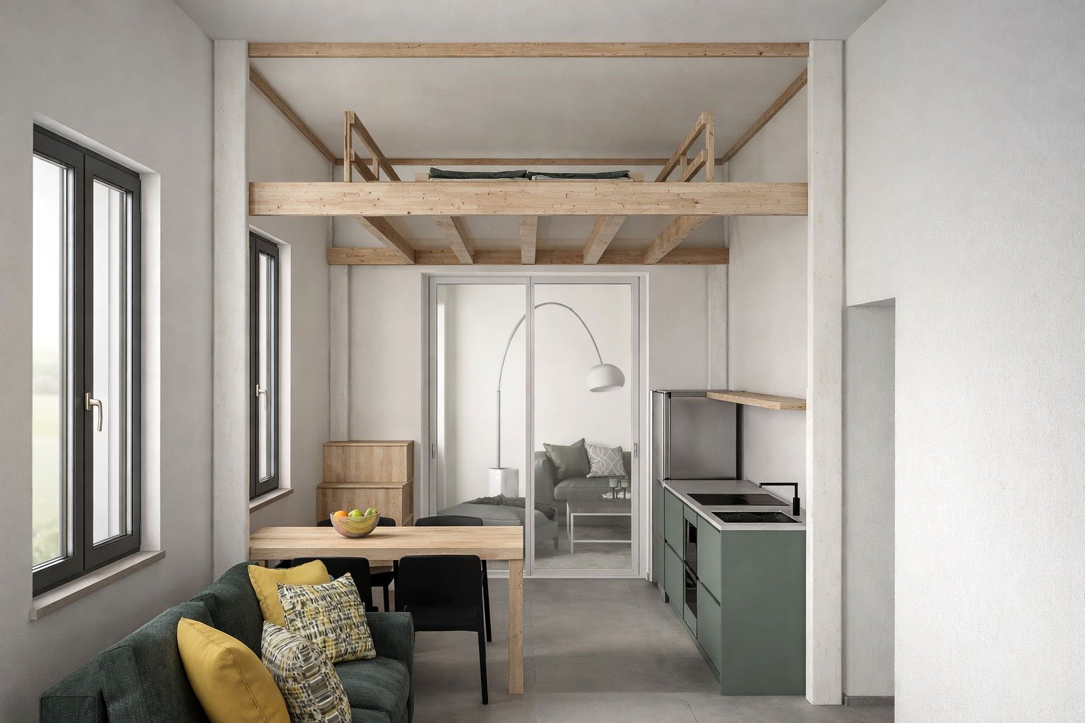 Rising loft bed raised in a studio apartment