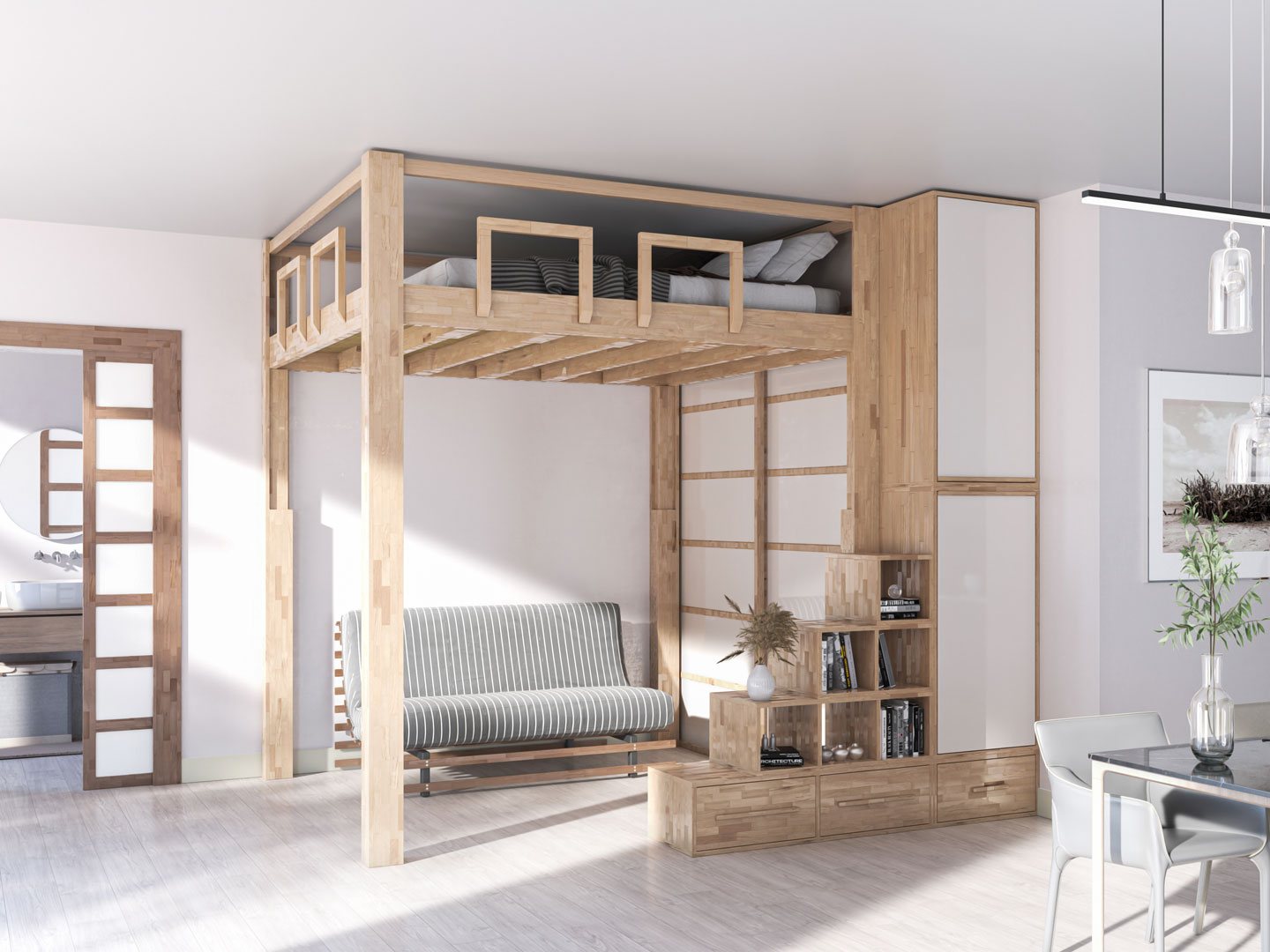 Rising loft bed raised, the sofa and living area free below